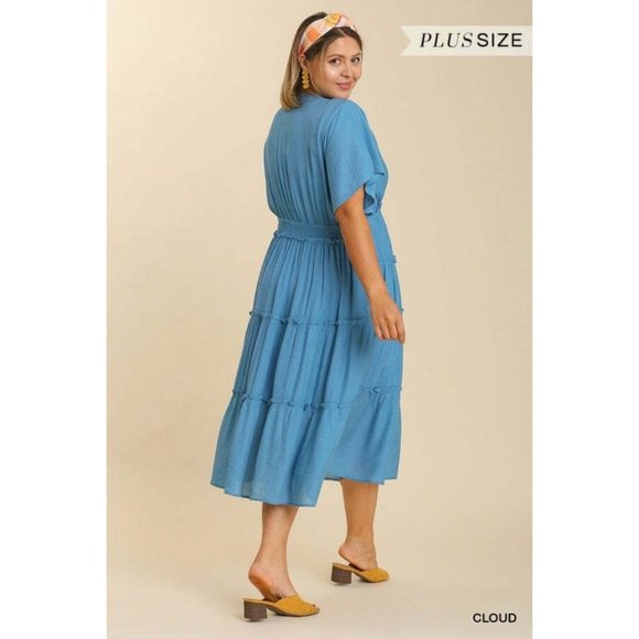 Umgee Plus Size Cloud Blue Smocked Short Sleeve Textured Tiered Maxi Dress - Picture 6 of 6